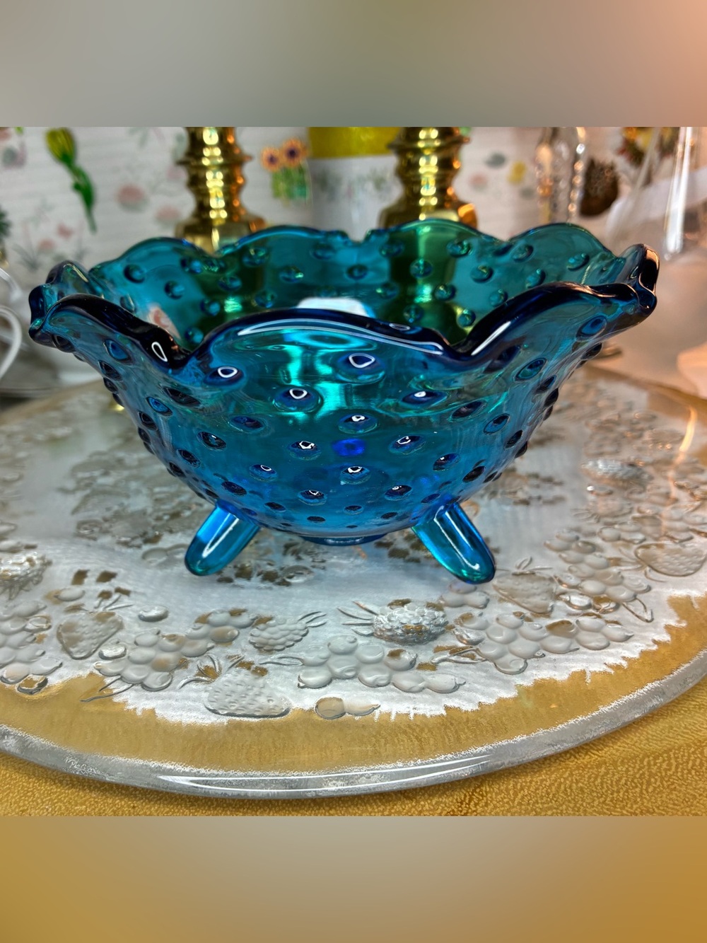 Teal Blue Hobnail Three-Foot Glass Decorative Bowl